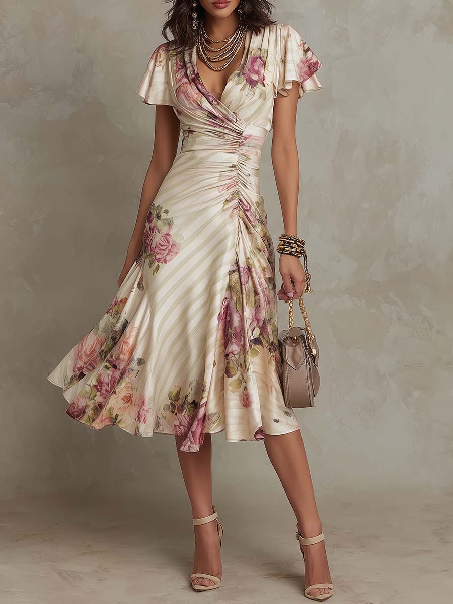 Robe Femme Midi Satin Floral Coupe Cache-Cœur Élégante Rétro