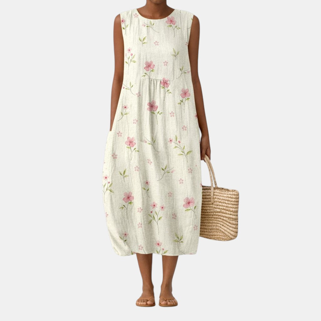 Robe midi femme fleurie sans manches en coton viscose