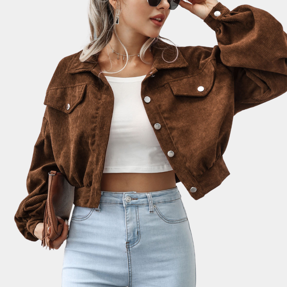 Veste Femme Courte en Velours Côtelé Boutonnée Style Décontracté