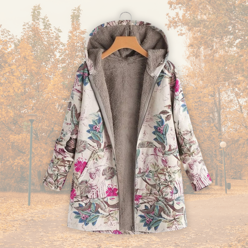 Veste femme doublée polaire à capuche imprimé floral – manteau chaud hivernal