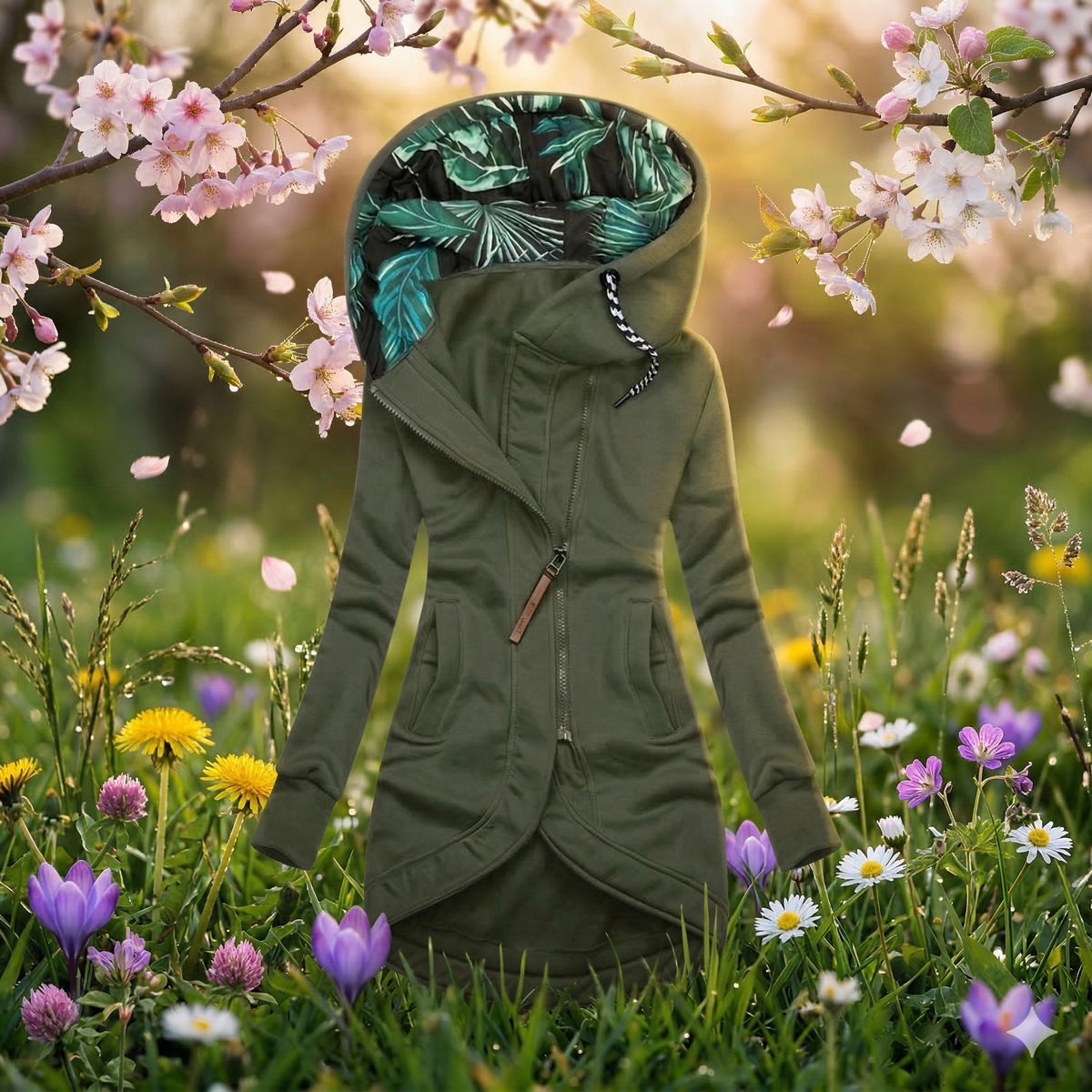 Veste femme longue à capuche avec fermeture zippée
