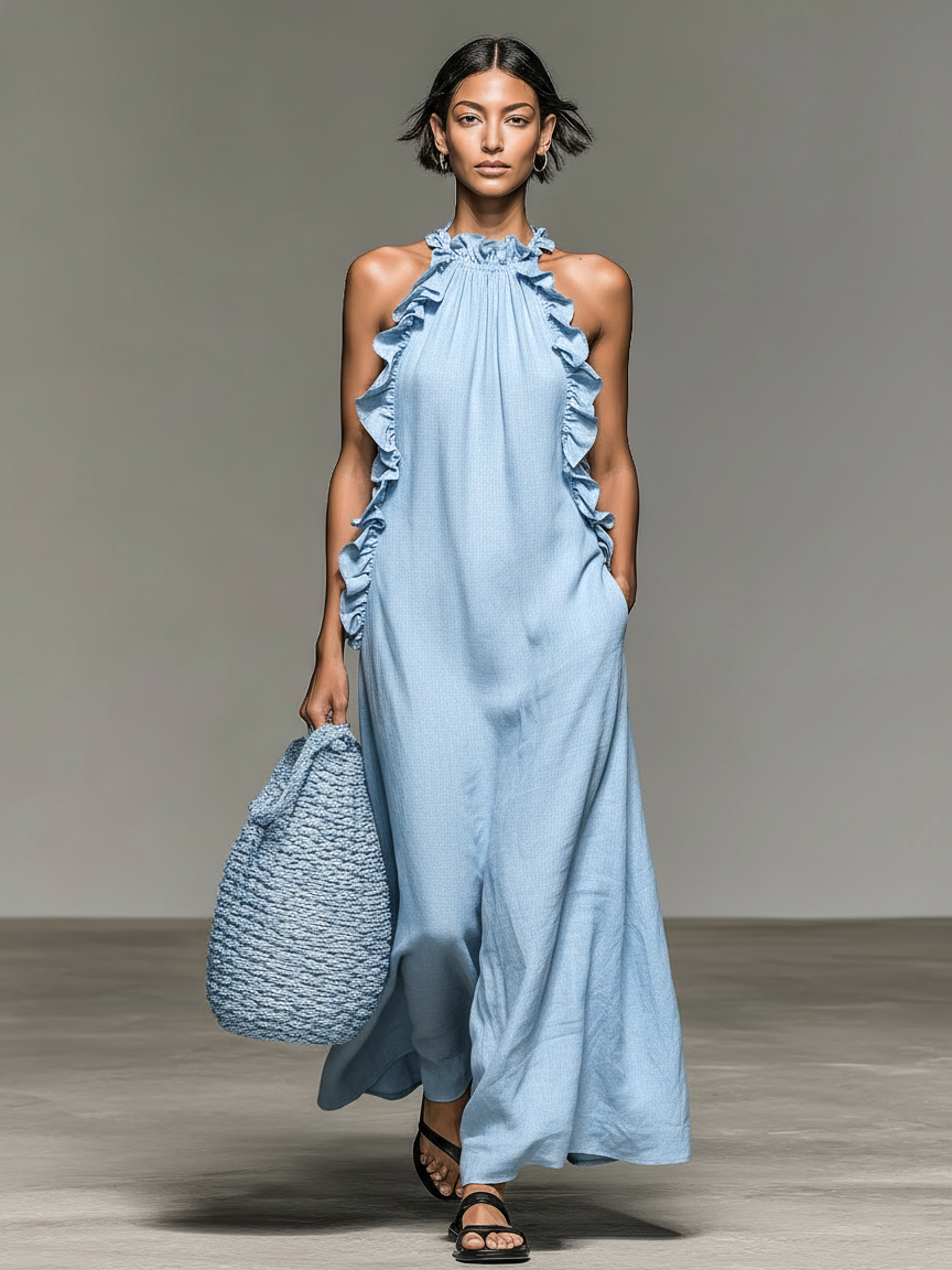 Robe maxi femme sans manches à volants avec poches