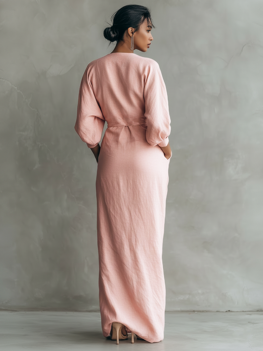 Robe Maxi Femme Élégante en Lin avec Drapé Croisé