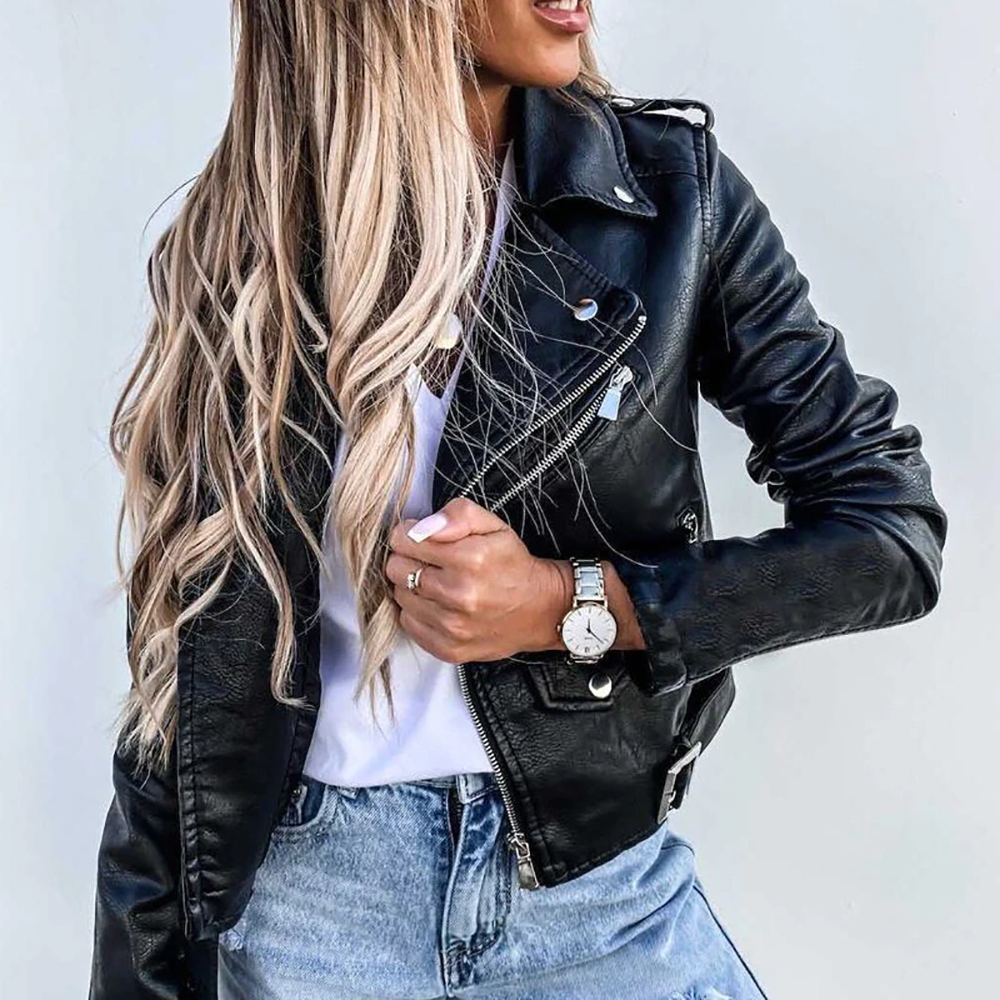 Veste biker femme en similicuir avec fermeture asymétrique – style urbain moderne