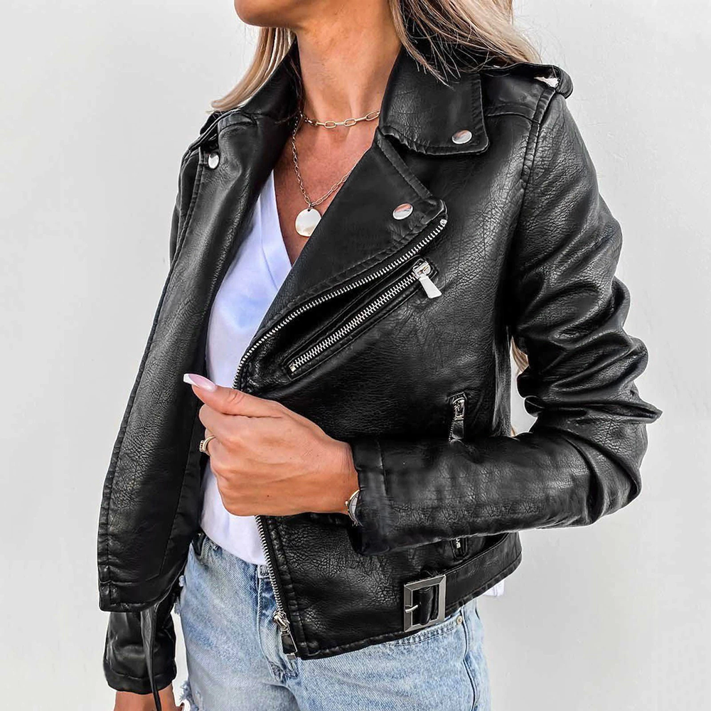 Veste biker femme en similicuir avec fermeture asymétrique – style urbain moderne