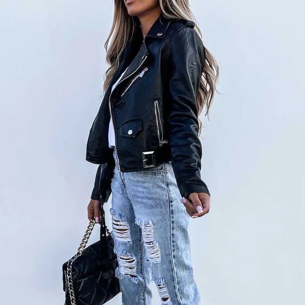 Veste biker femme en similicuir avec fermeture asymétrique – style urbain moderne