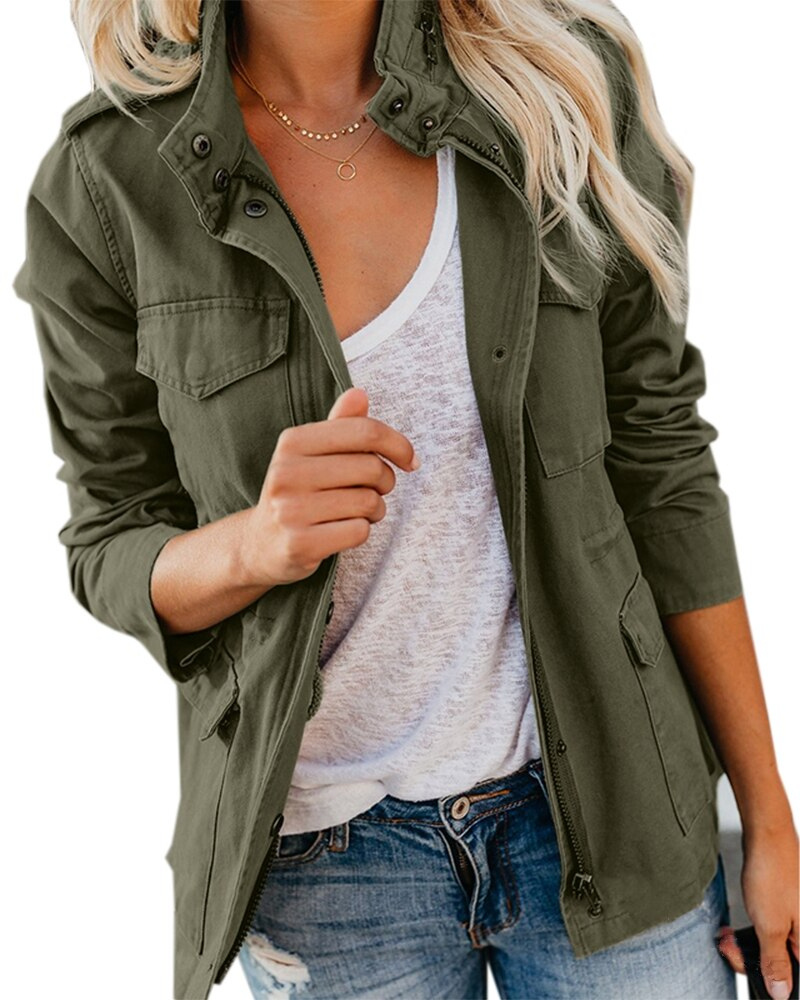 Veste femme utility mi-saison col montant coupe structurée usage quotidien