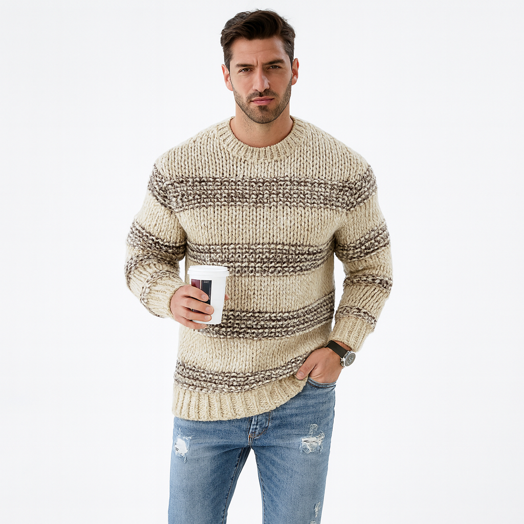 Pull Homme Rayé en Maille Épaisse – Col Rond Confort Hivernal