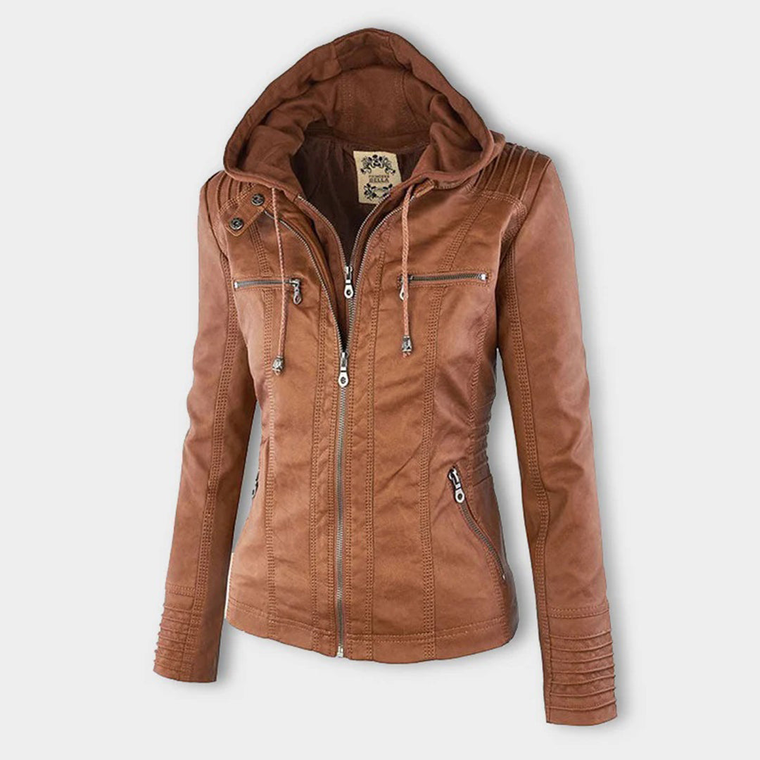 Veste femme en similicuir à capuche et fermeture zippée