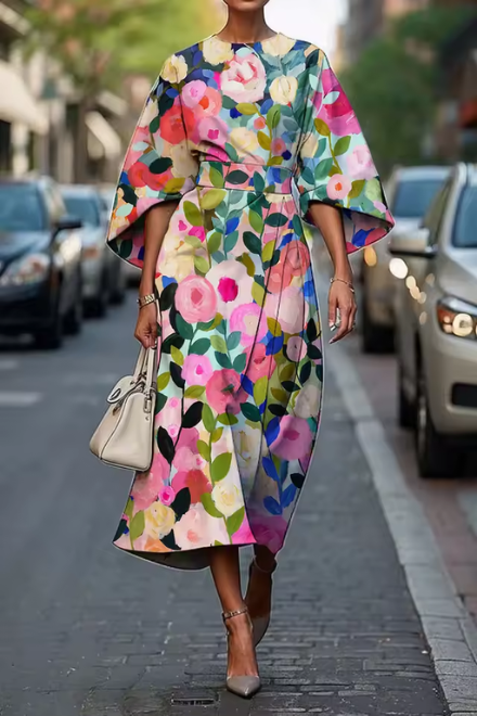 Robe Midi Femme Florale Élégante à Manches Fluides Chic