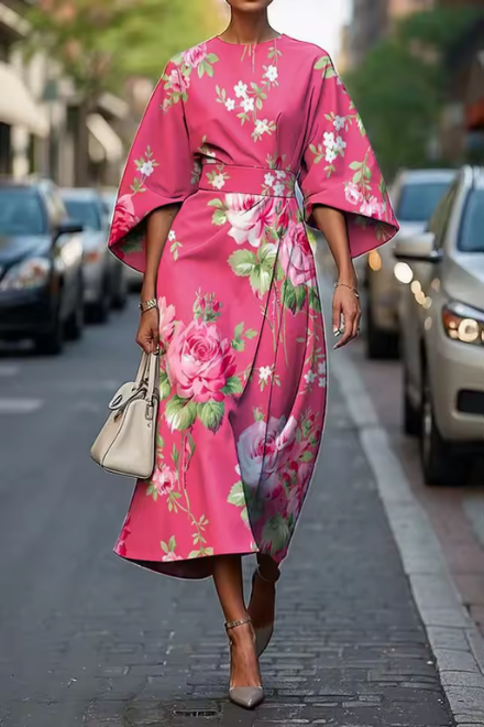 Robe Midi Femme Florale Élégante à Manches Fluides Chic