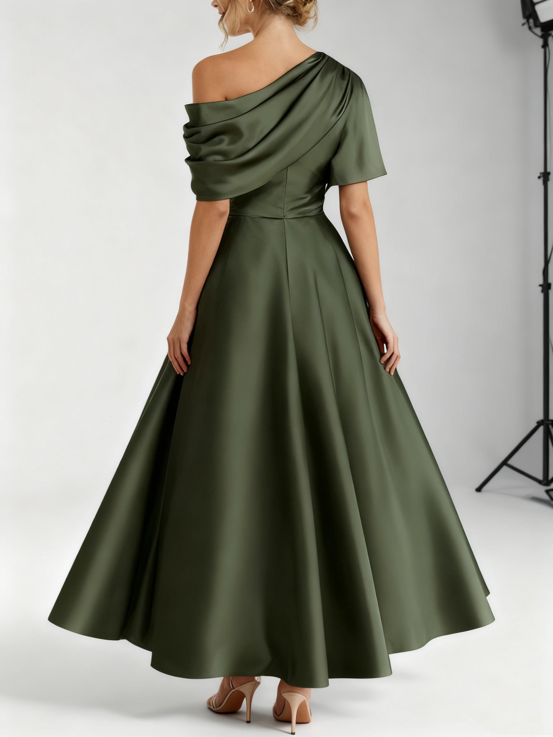 Robe Femme Élégante A-Line Épaule Dénudée Satin Volants Longueur Cheville
