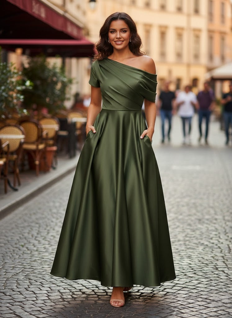 Robe Femme Élégante A-Line Épaule Dénudée Satin Volants Longueur Cheville