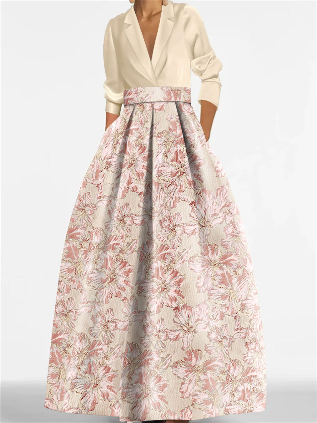Robe Femme Longue Élégante Col Chemise A-Line Imprimé Floral Style Mariage
