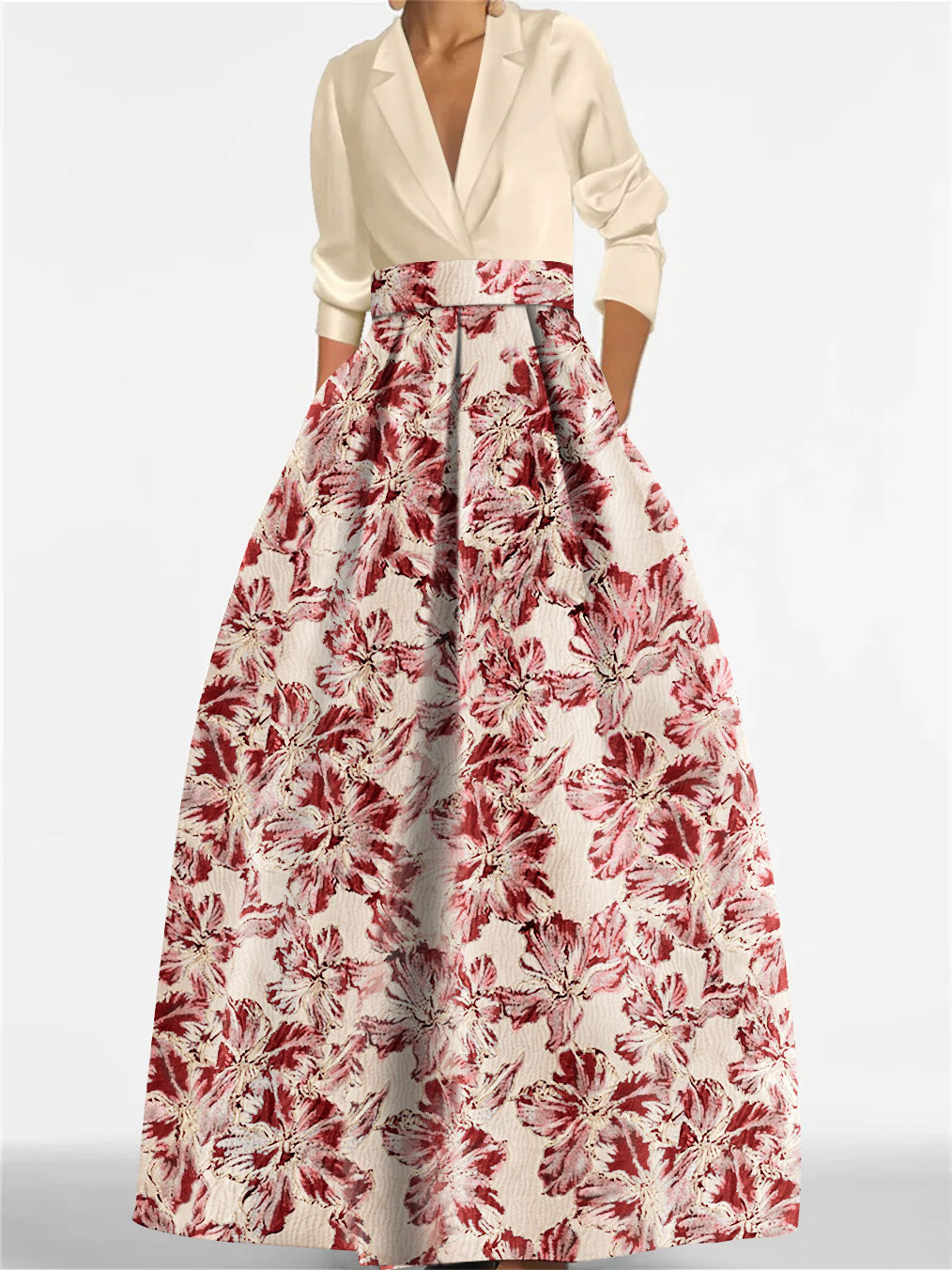 Robe Femme Longue Élégante Col Chemise A-Line Imprimé Floral Style Mariage