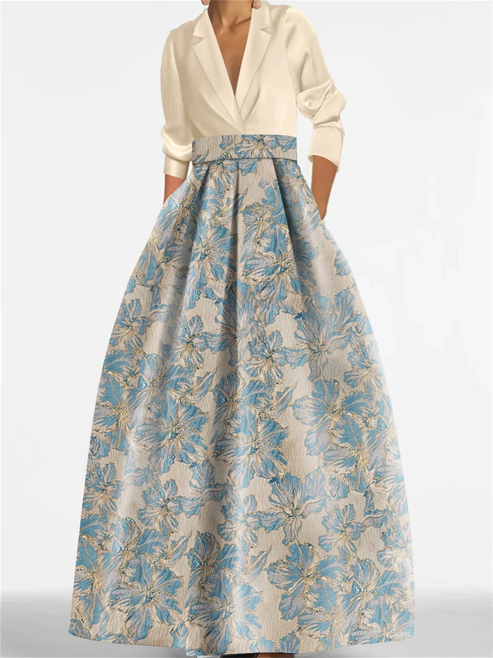 Robe Femme Longue Élégante Col Chemise A-Line Imprimé Floral Style Mariage