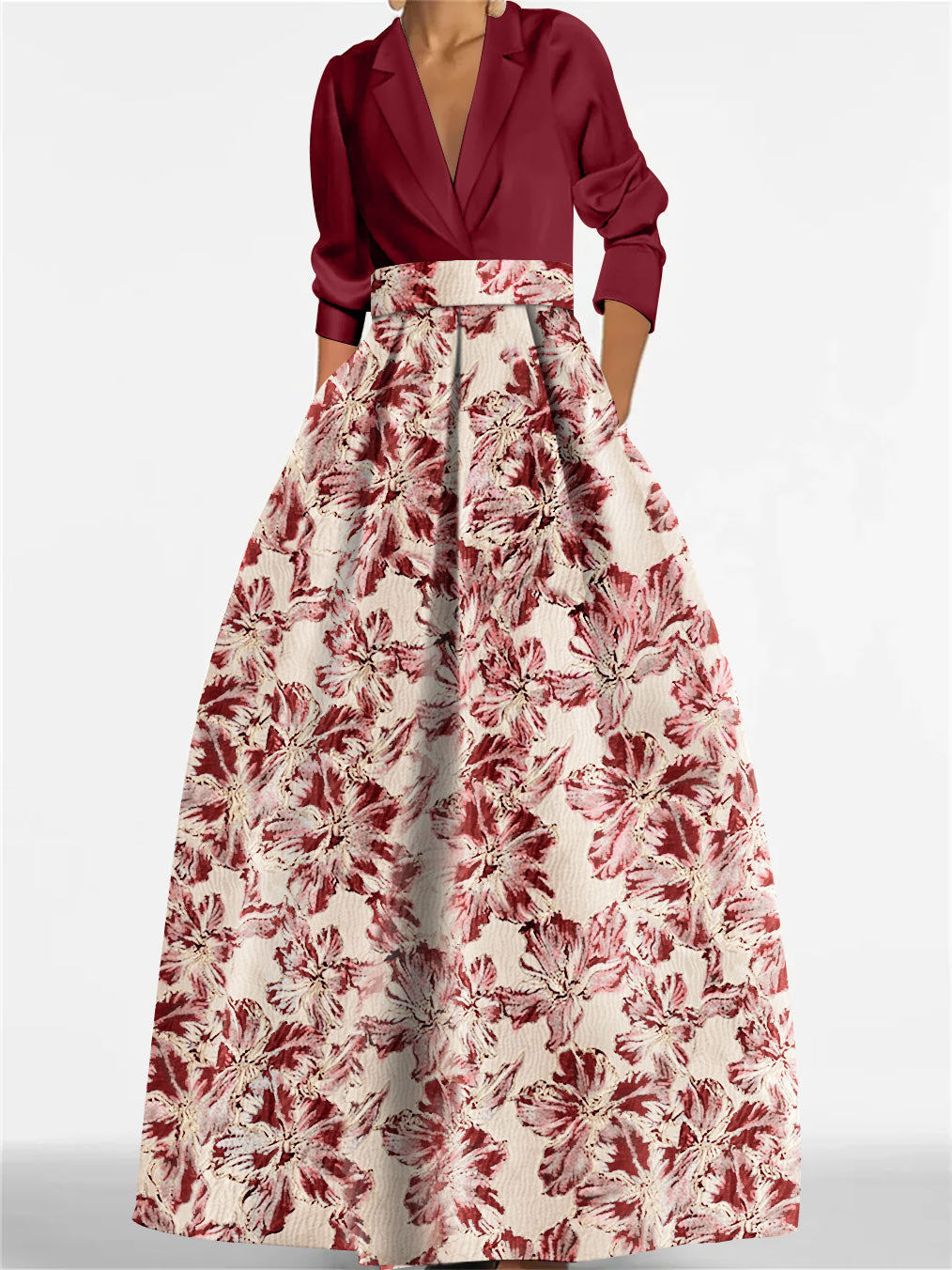 Robe Femme Longue Élégante Col Chemise A-Line Imprimé Floral Style Mariage