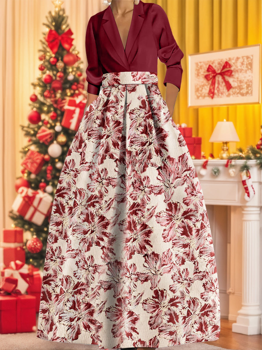 Robe Femme Longue Élégante Col Chemise A-Line Imprimé Floral Style Mariage