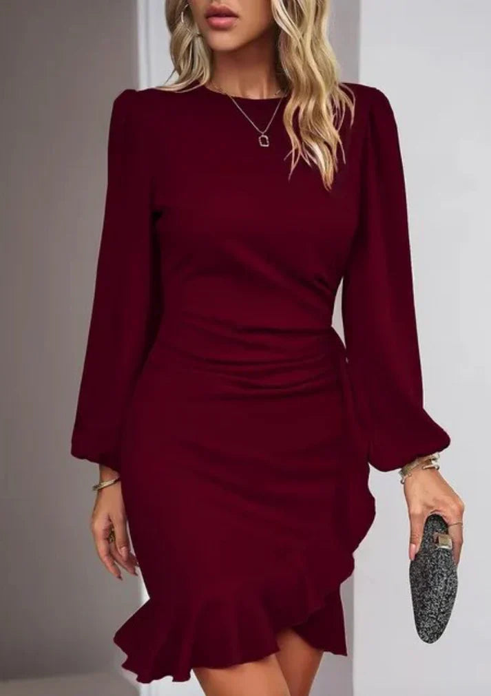 Robe Élégante à Manches Bouffantes et Volants Féminins