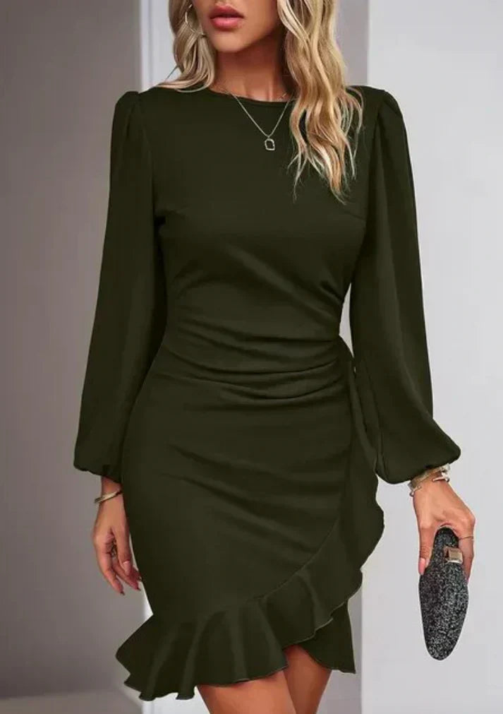 Robe Élégante à Manches Bouffantes et Volants Féminins