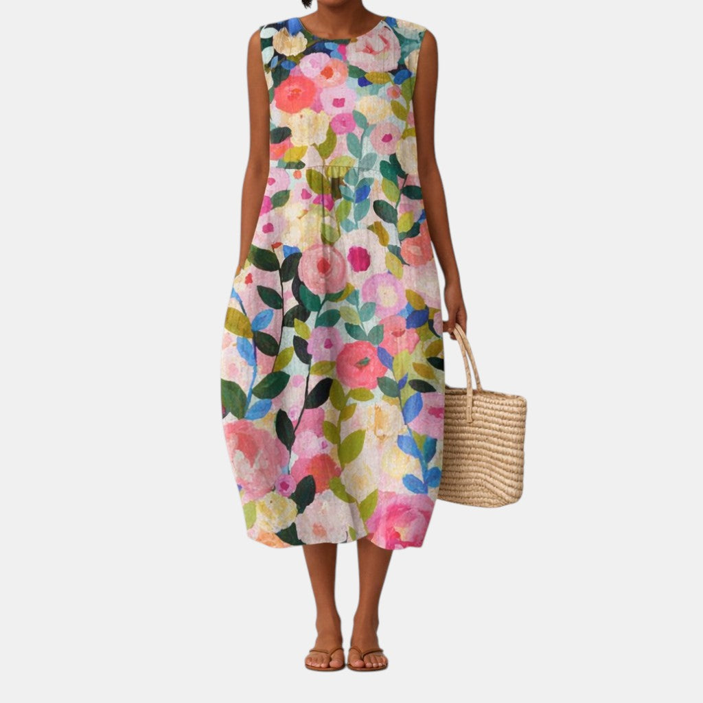 Robe midi femme fleurie sans manches en coton viscose