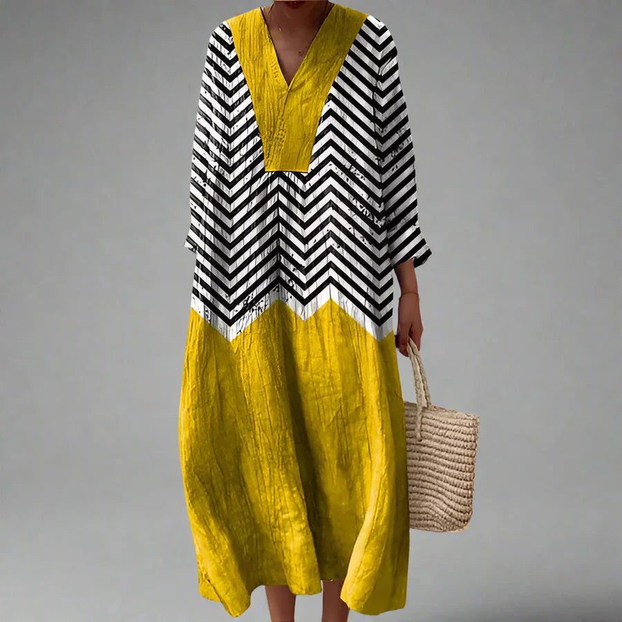 Robe femme longue fluide imprimé géométrique col V manches longues décontractée