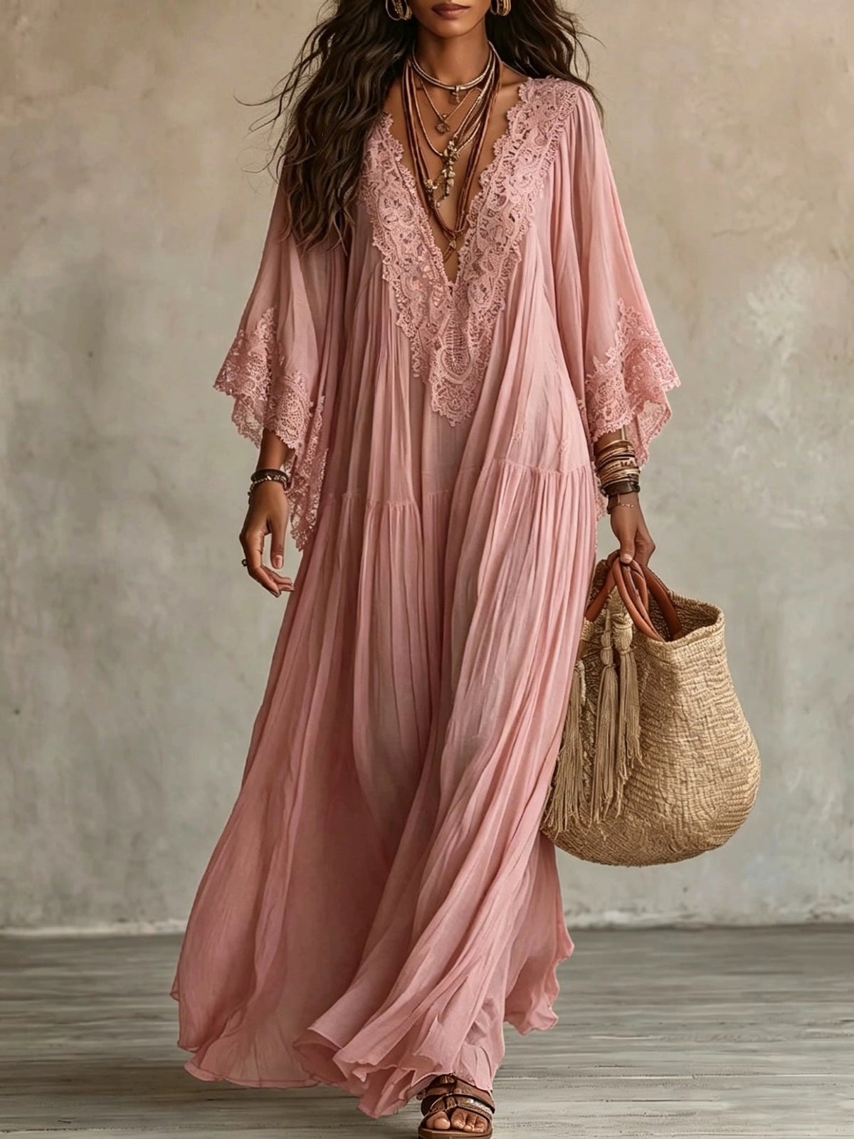 Robe maxi femme bohème fluide avec dentelle raffinée