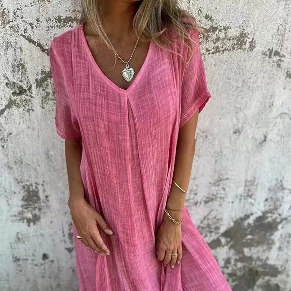 Robe d'été ample en coton et lin à col en V pour femmes