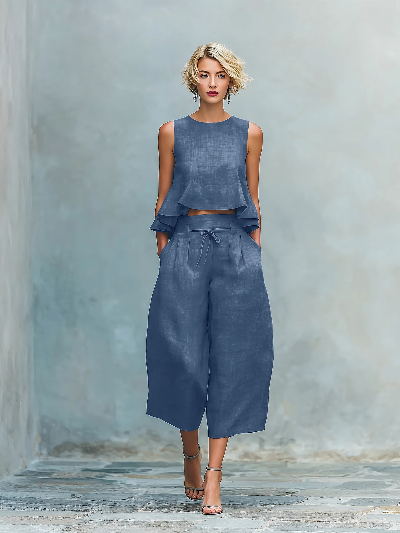 Ensemble femme deux pièces avec haut volanté et pantalon large