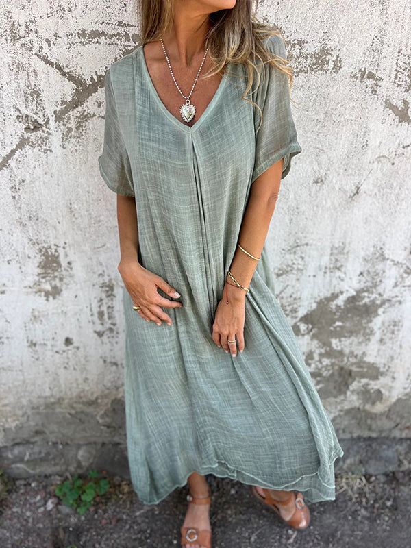 Robe d'été ample en coton et lin à col en V pour femmes