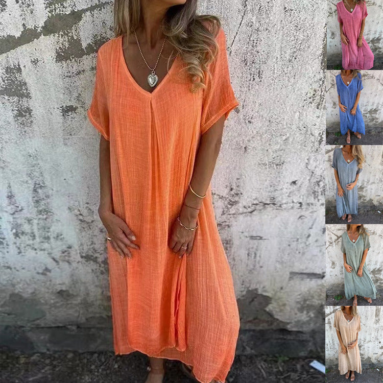 Robe d'été ample en coton et lin à col en V pour femmes