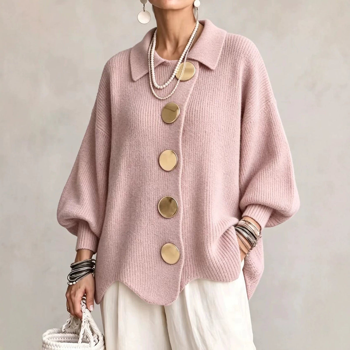 Cardigan femme oversize à col boutonné en maille côtelée
