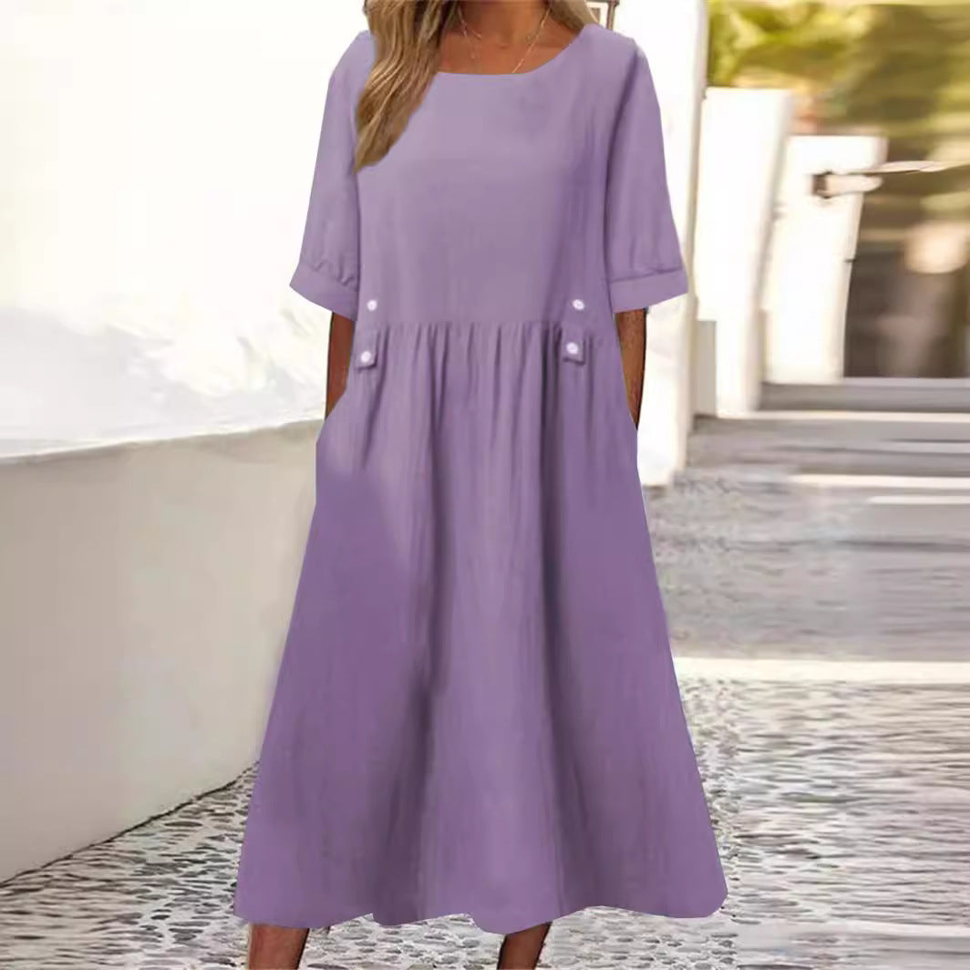 Robe Femme Ample Mi-Longue Col Rond Manches Courtes en Coton Lin pour Style Élégant et Confort Estival