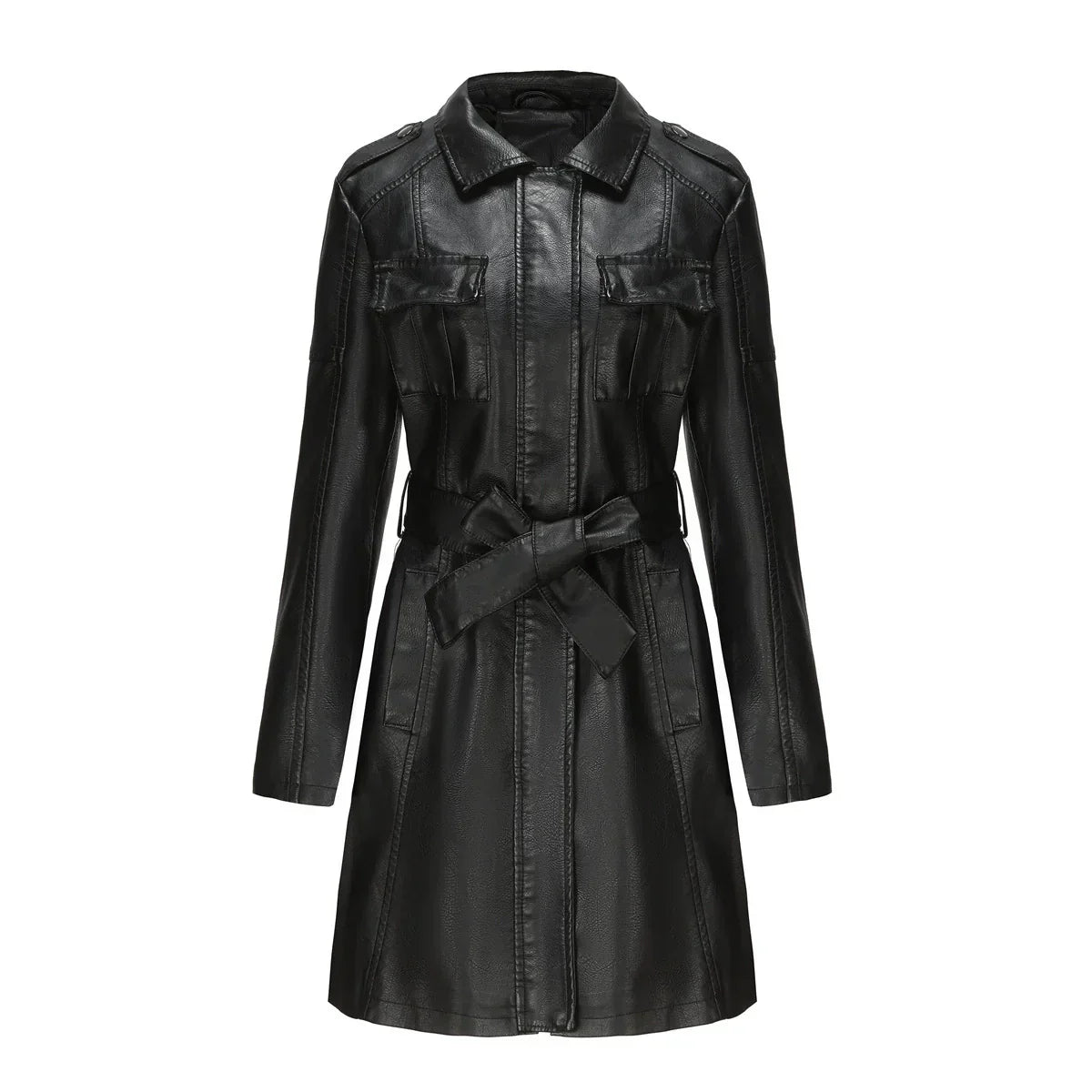 Manteau long femme effet cuir synthétique coupe ajustée avec poches mi-saison