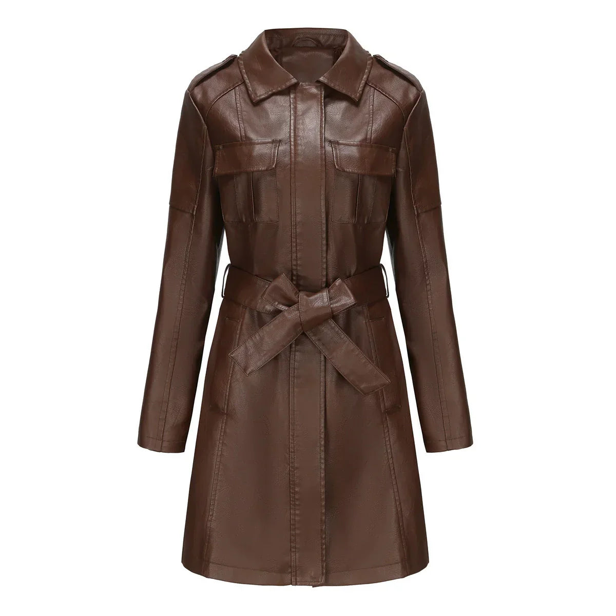 Manteau long femme effet cuir synthétique coupe ajustée avec poches mi-saison