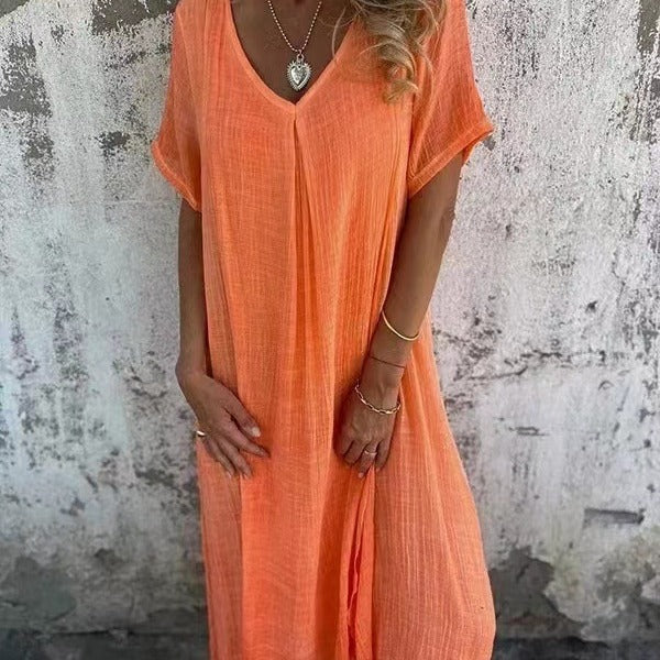 Robe d'été ample en coton et lin à col en V pour femmes