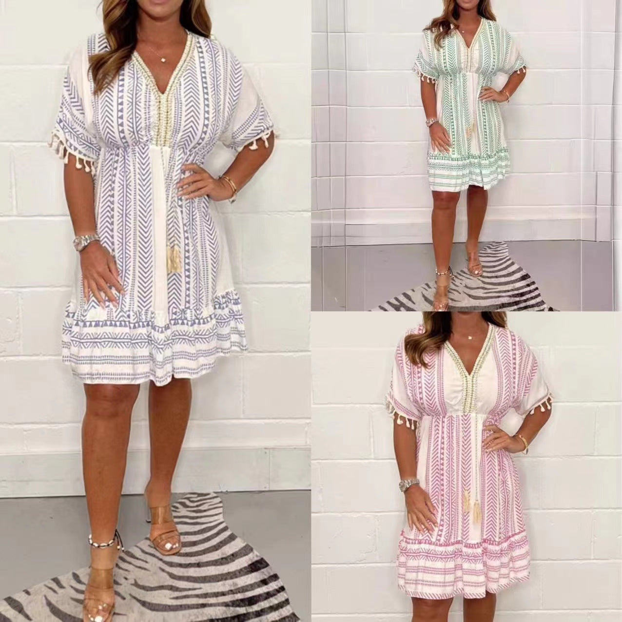 Robe Femme Bohème Imprimée Col V à Pompons pour Style Estival Élégant et Confort Léger