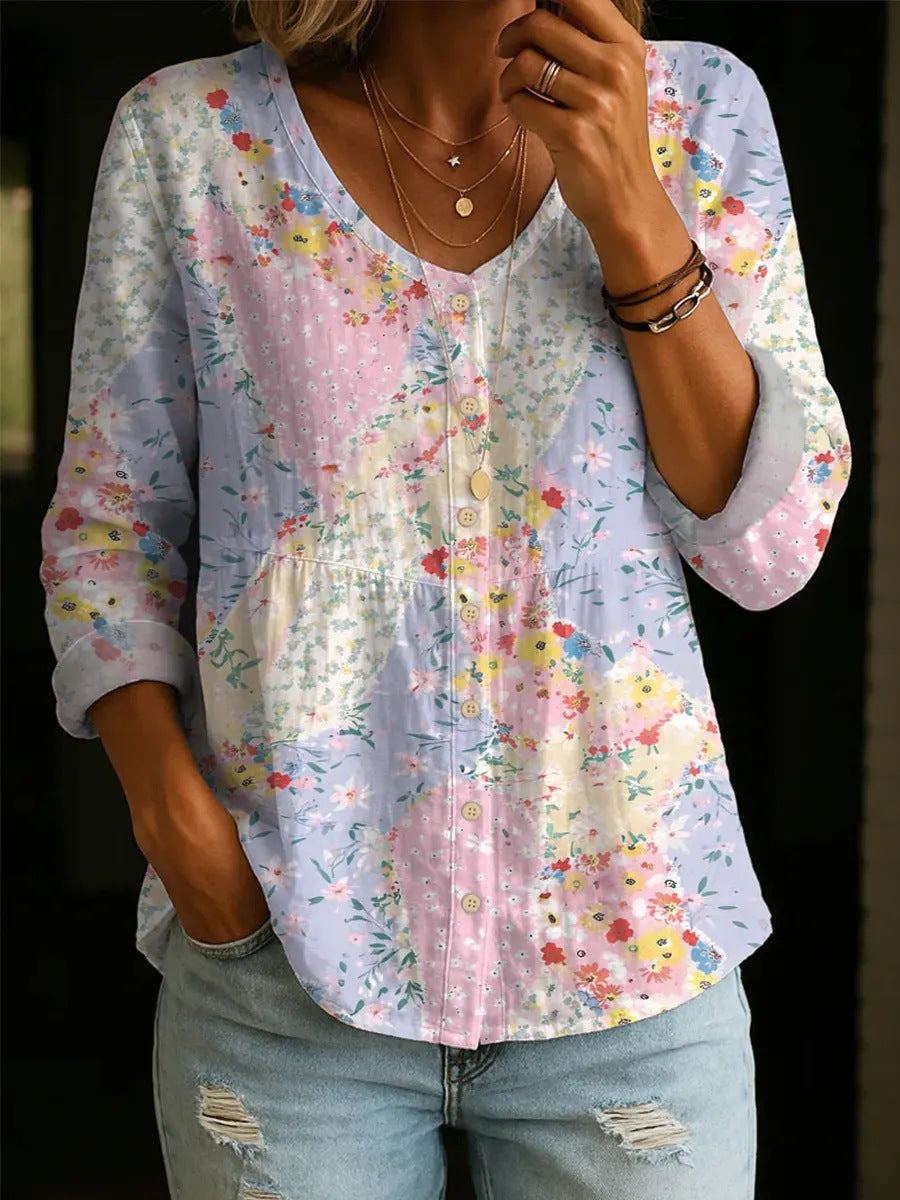 Blouse Femme Patchwork Floral Col V Boutonnée Coupe Fluide Décontractée
