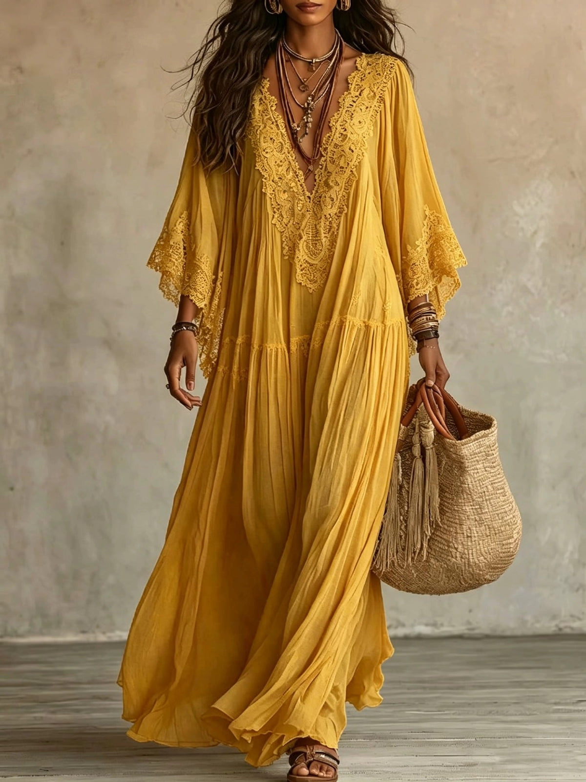 Robe maxi femme bohème fluide avec dentelle raffinée