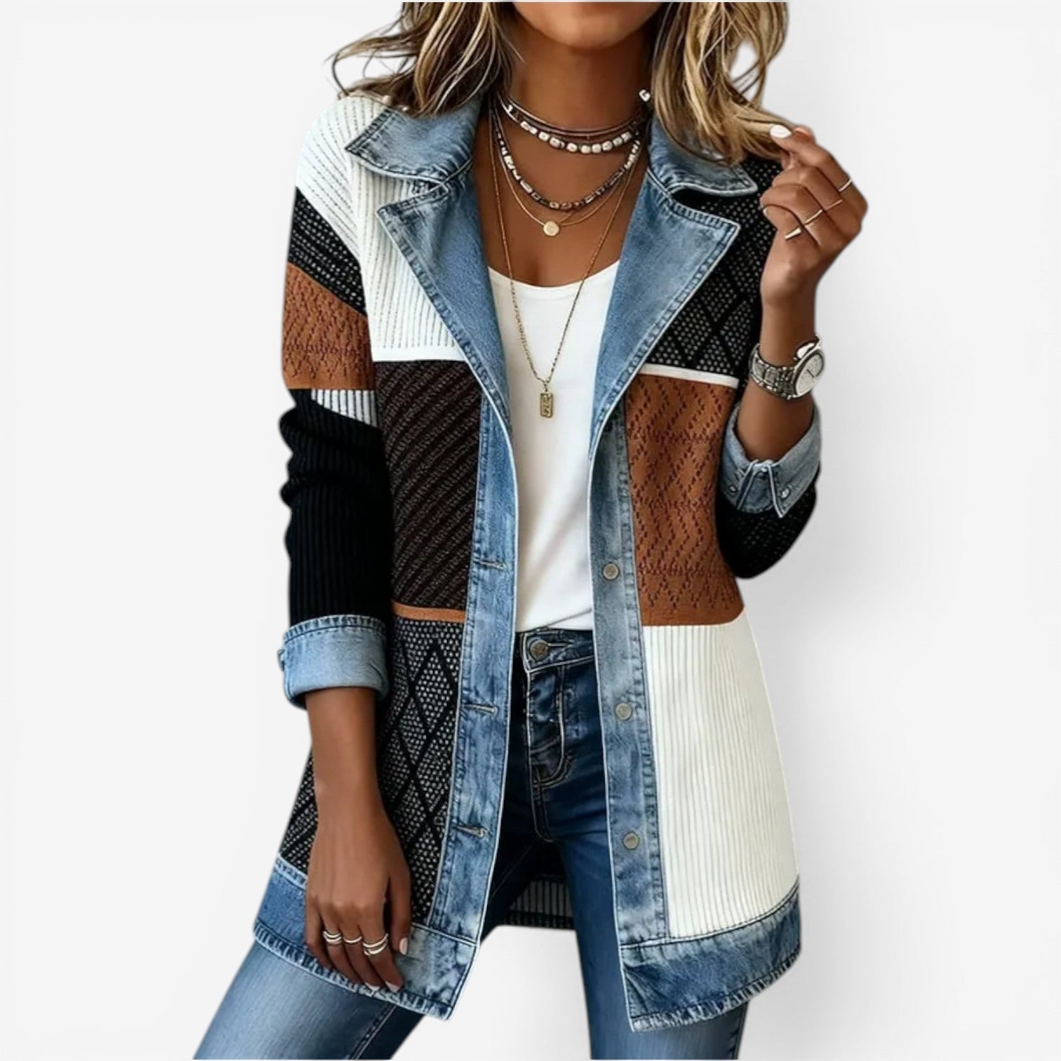 Veste Femme Effet Superposé Maille Et Denim Style Moderne