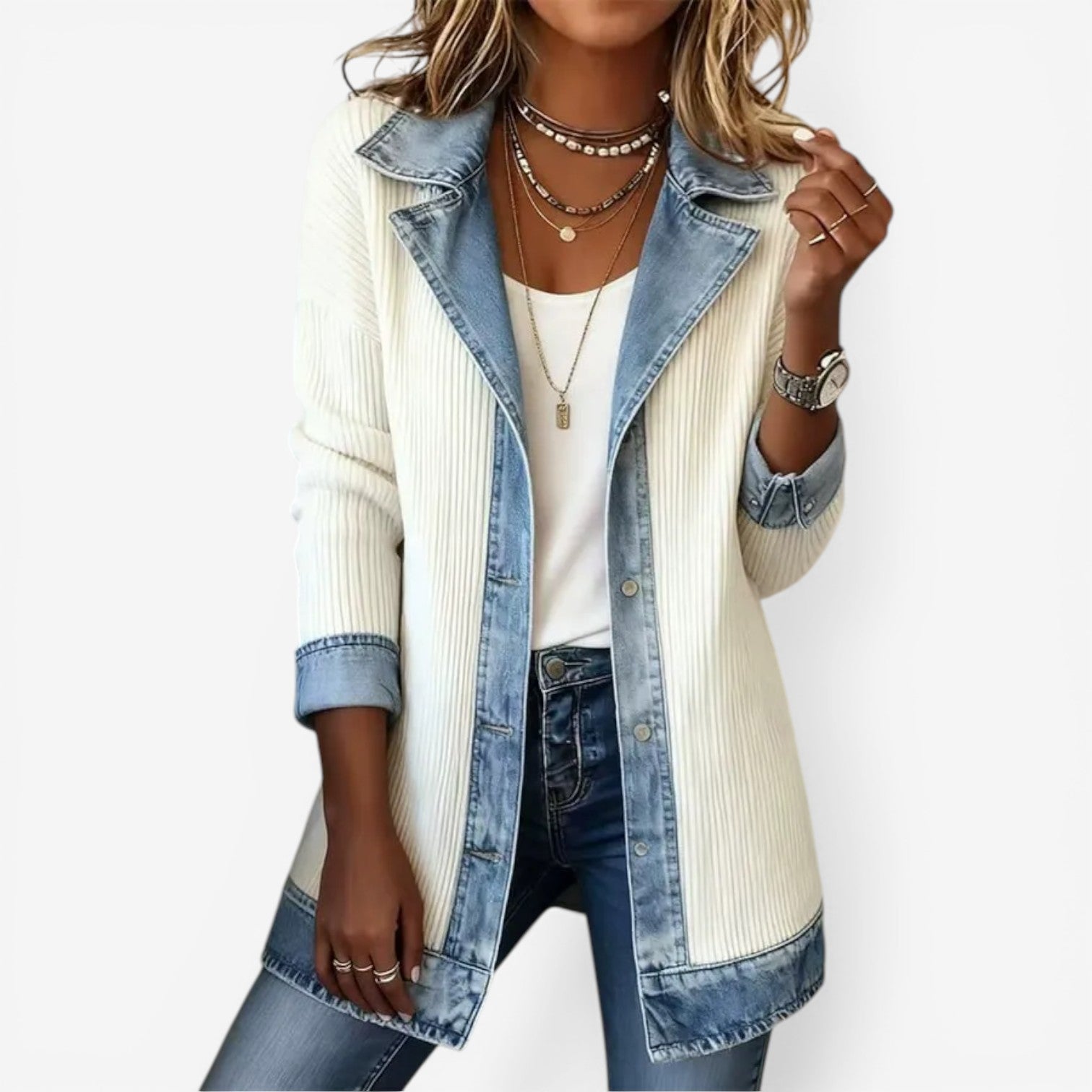Veste Femme Effet Superposé Maille Et Denim Style Moderne