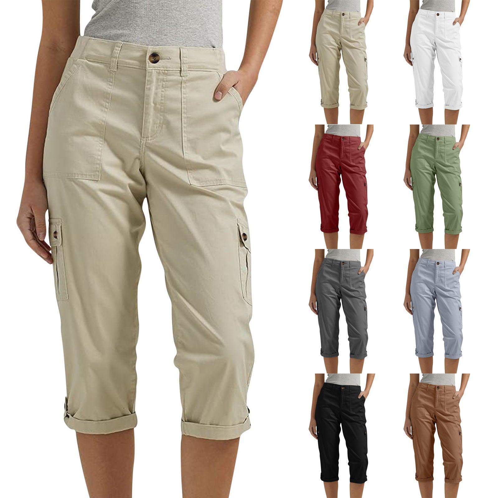 Pantalon cargo capri femme à poches multiples et coupe décontractée