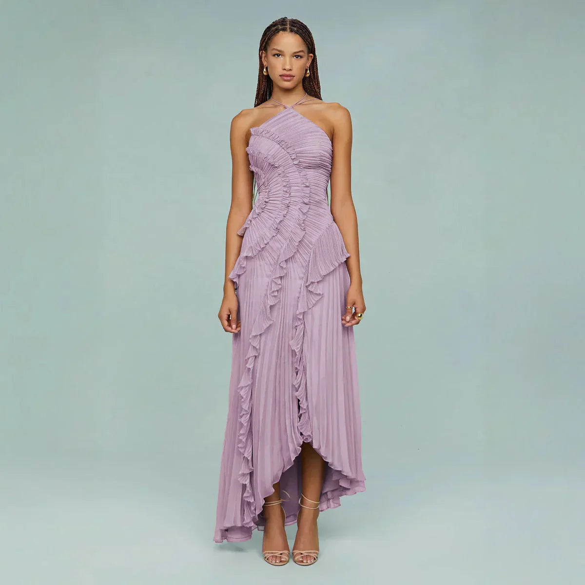 Robe Longue Plissée Femme avec Volants Asymétriques Élégants