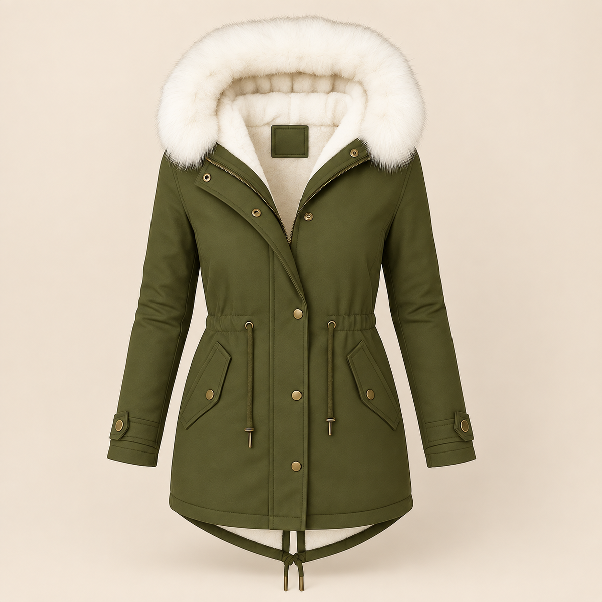 Parka longue femme à capuche fourrée et taille ajustable
