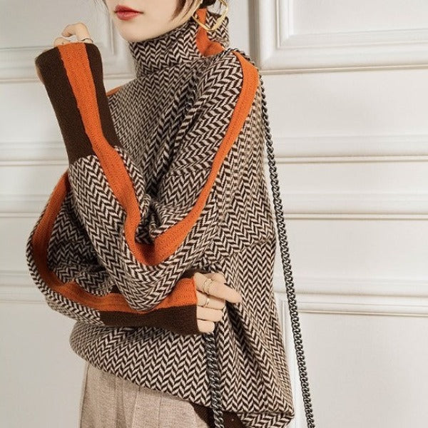 Pull rayé à col montant pour femme chaud et moderne