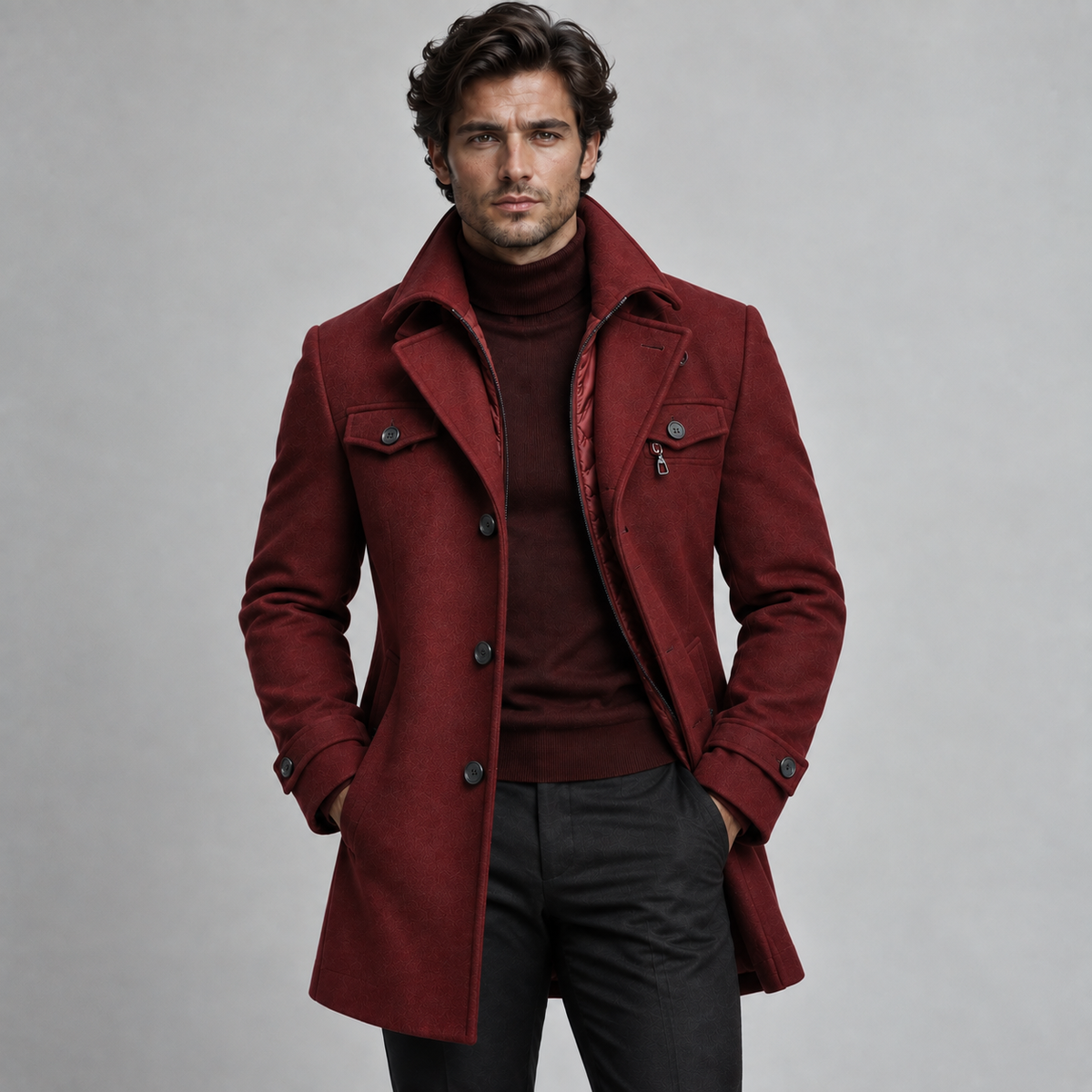 Manteau homme en laine à col montant et doublure matelassée