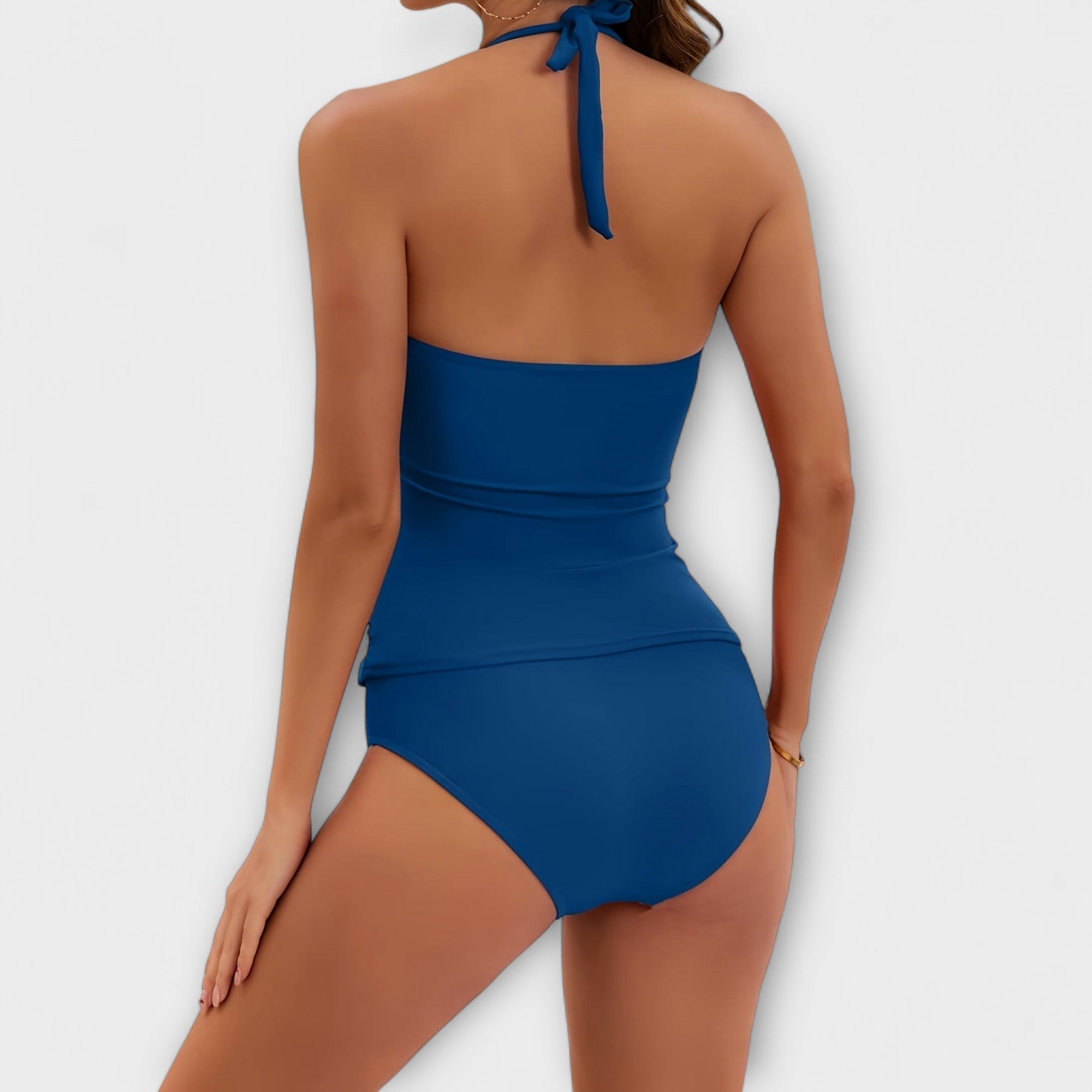 Maillot de Bain Une Pièce Femme Halter Col V Froncé Détails Dorés