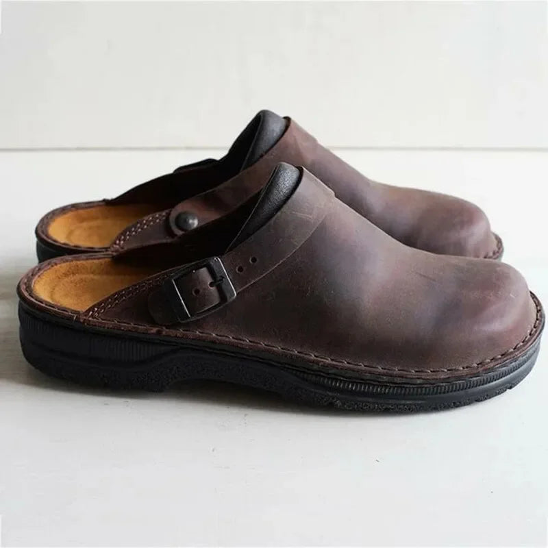 Mules Homme Cuir Vieilli Bout Fermé Bride Boucle Semelle Épaisse