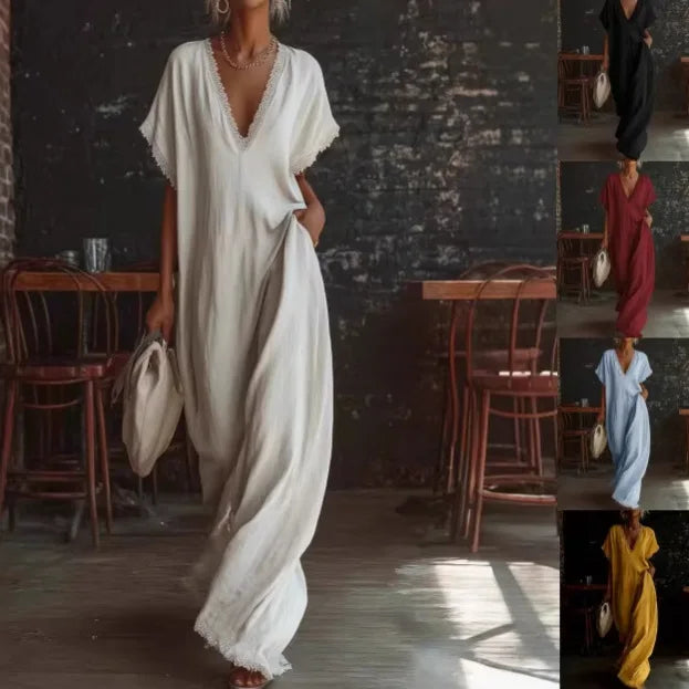 Robe longue femme fluide à col V avec finitions dentelle