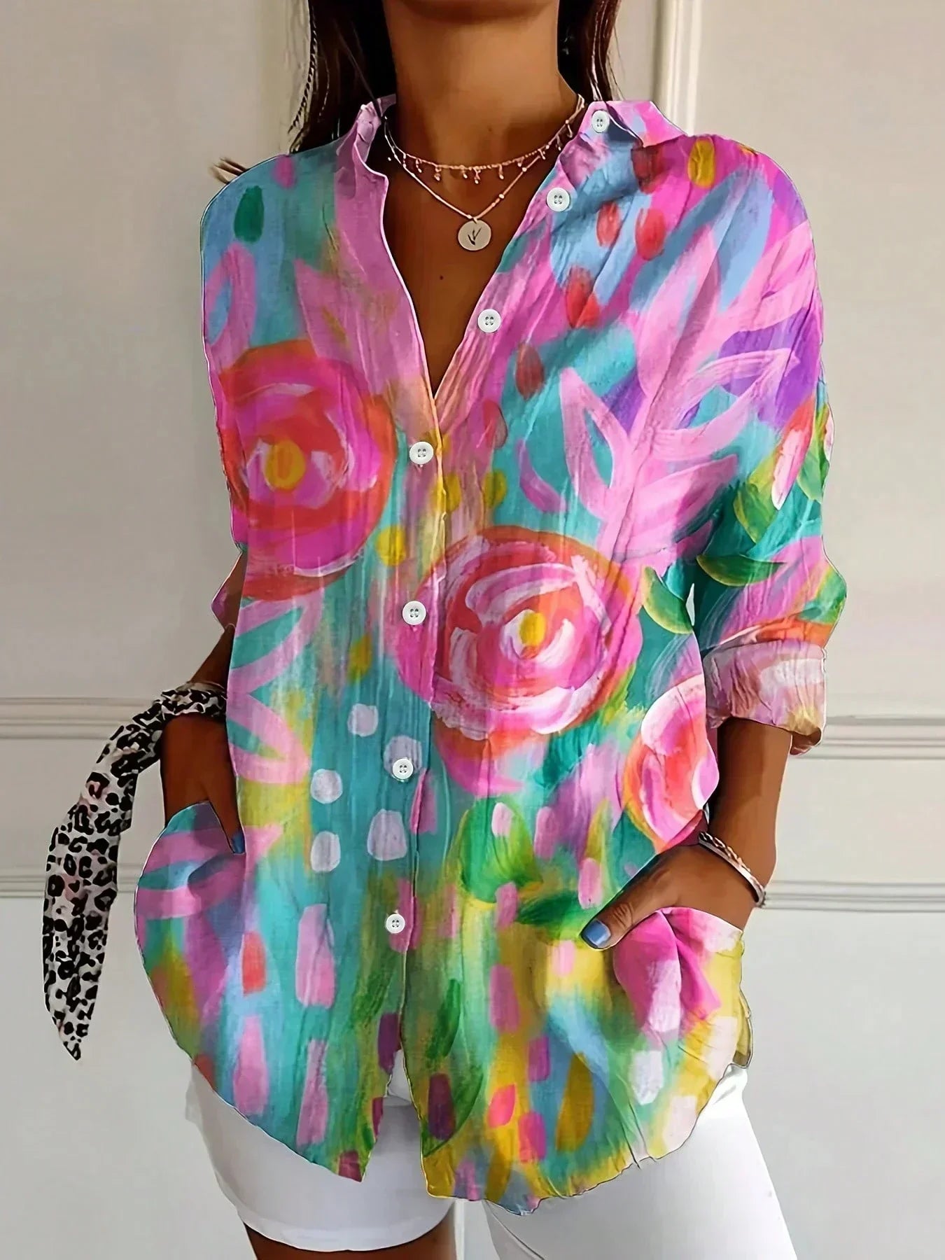 Blouse Femme Imprimée Colorée Coupe Fluide Boutonnée Style Décontracté